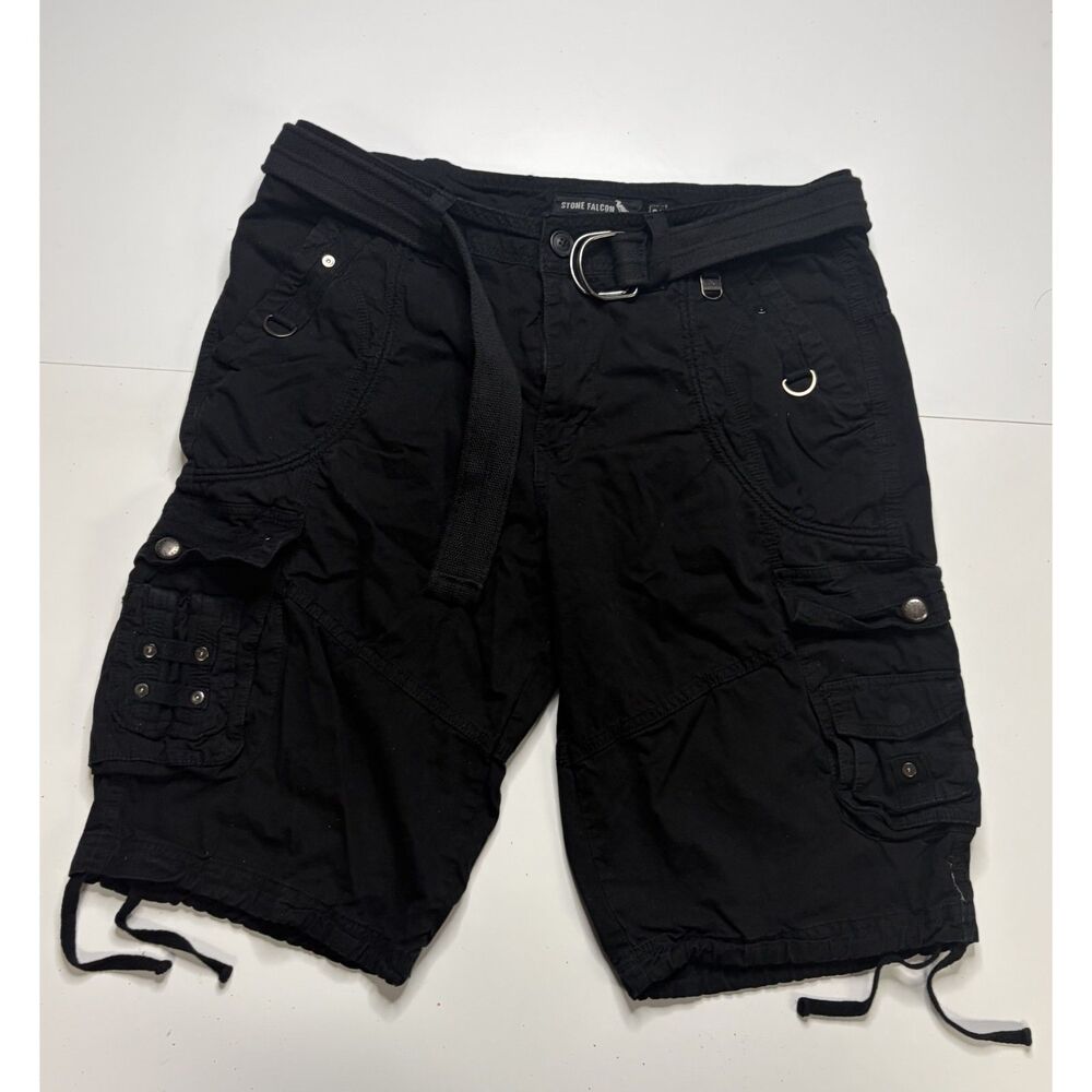 Stone Falcon Black Gothic Shorts w/ belt metal embellishments Men's 34